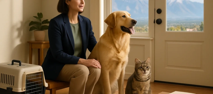 Utah pet trust planning scene with pets, care supplies, and Utah mountain landscape