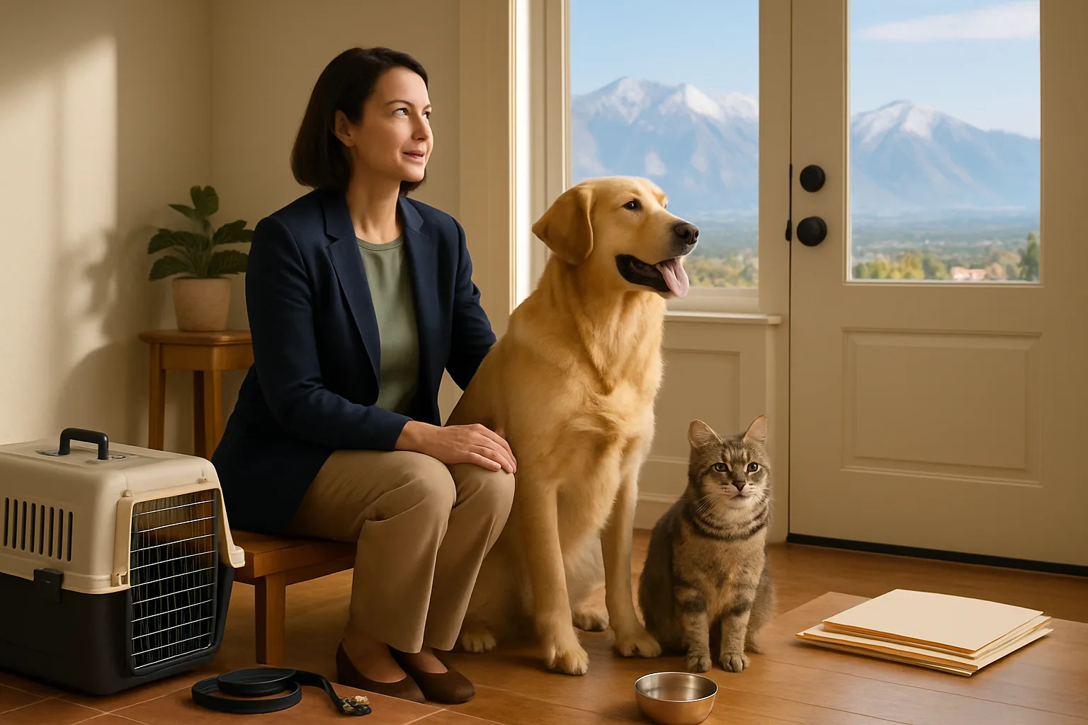 Utah pet trust planning scene with pets, care supplies, and Utah mountain landscape